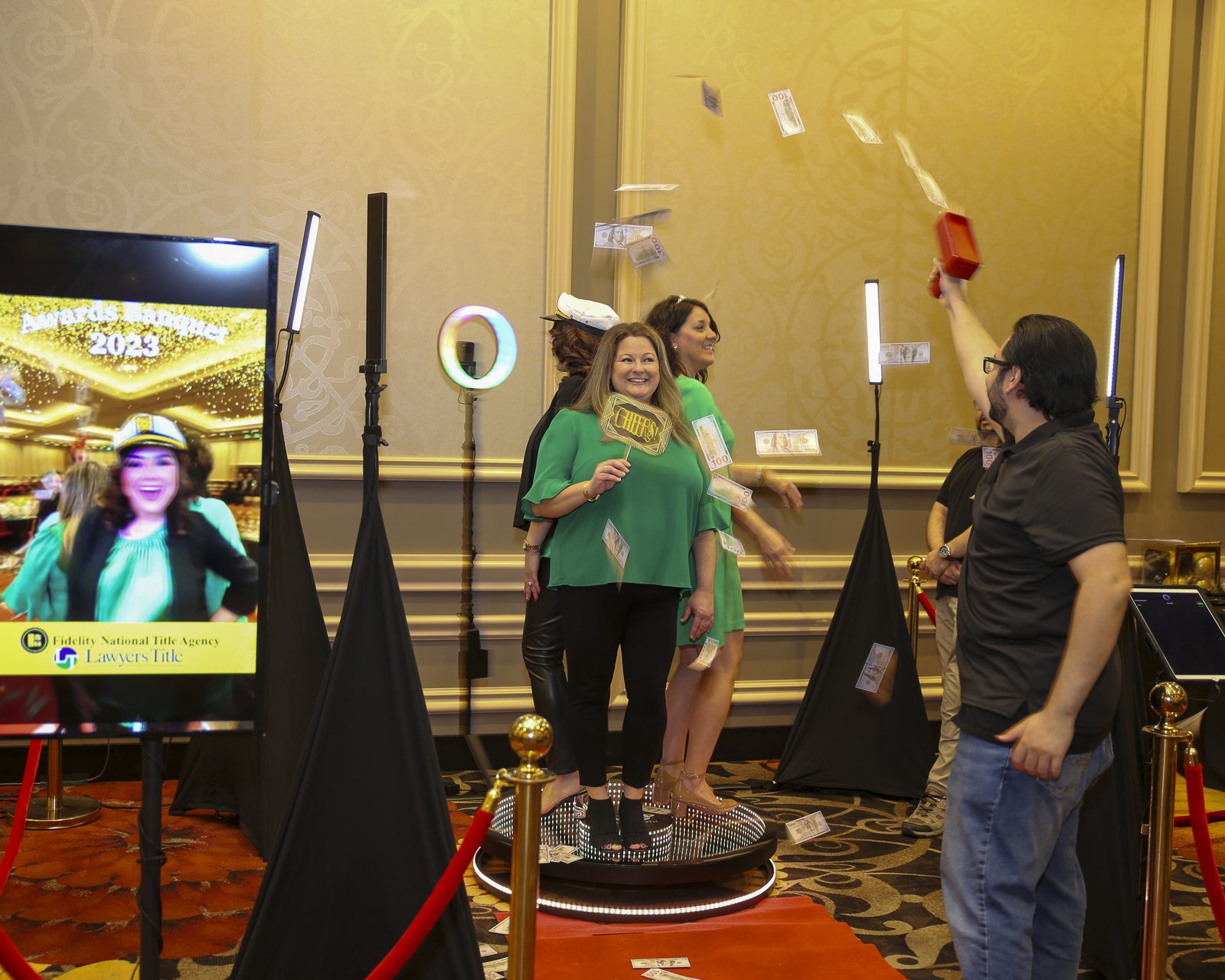 Guests celebrating on 360 video platform at corporate gala