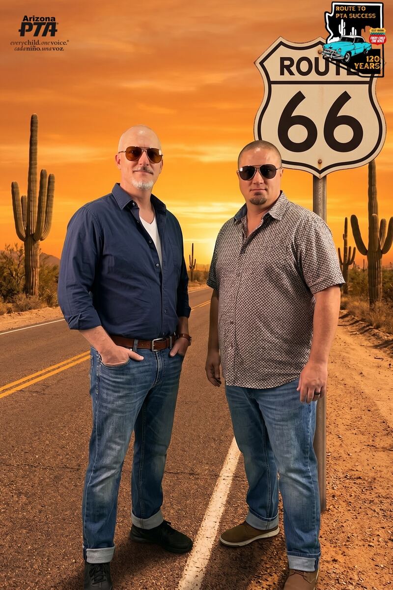 AI Live Lens portrait — Route 66 desert sunset theme, Arizona PTA event Tucson